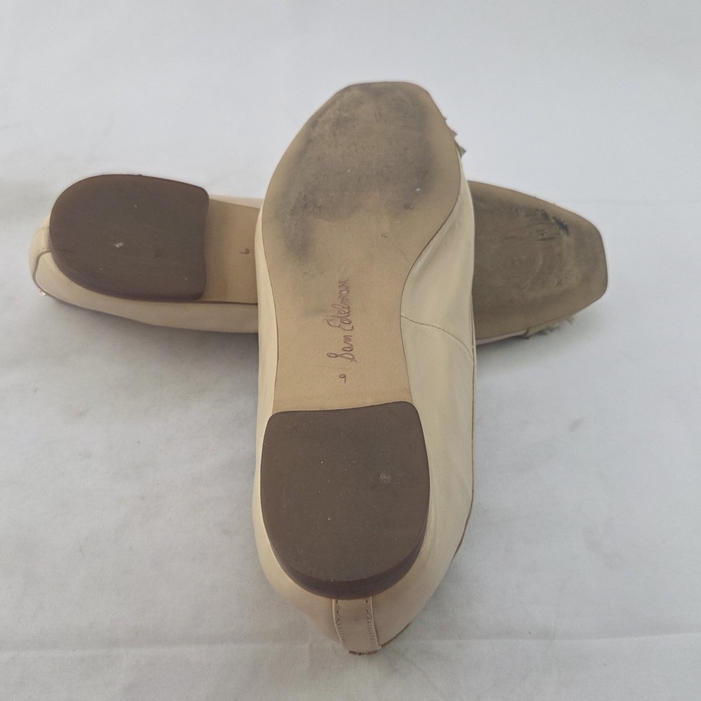 Sam Edelman Ballet Flats Womens 9 Beige Leather Studded Cap Toe Bow Slip On - Picture 8 of 9